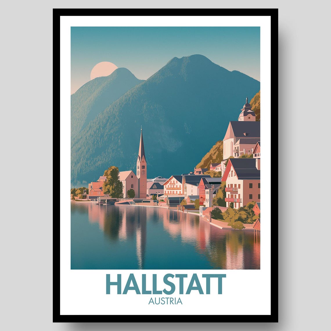 Hallstatt Austria Moonrise Lake Town Church Spire Travel Poster