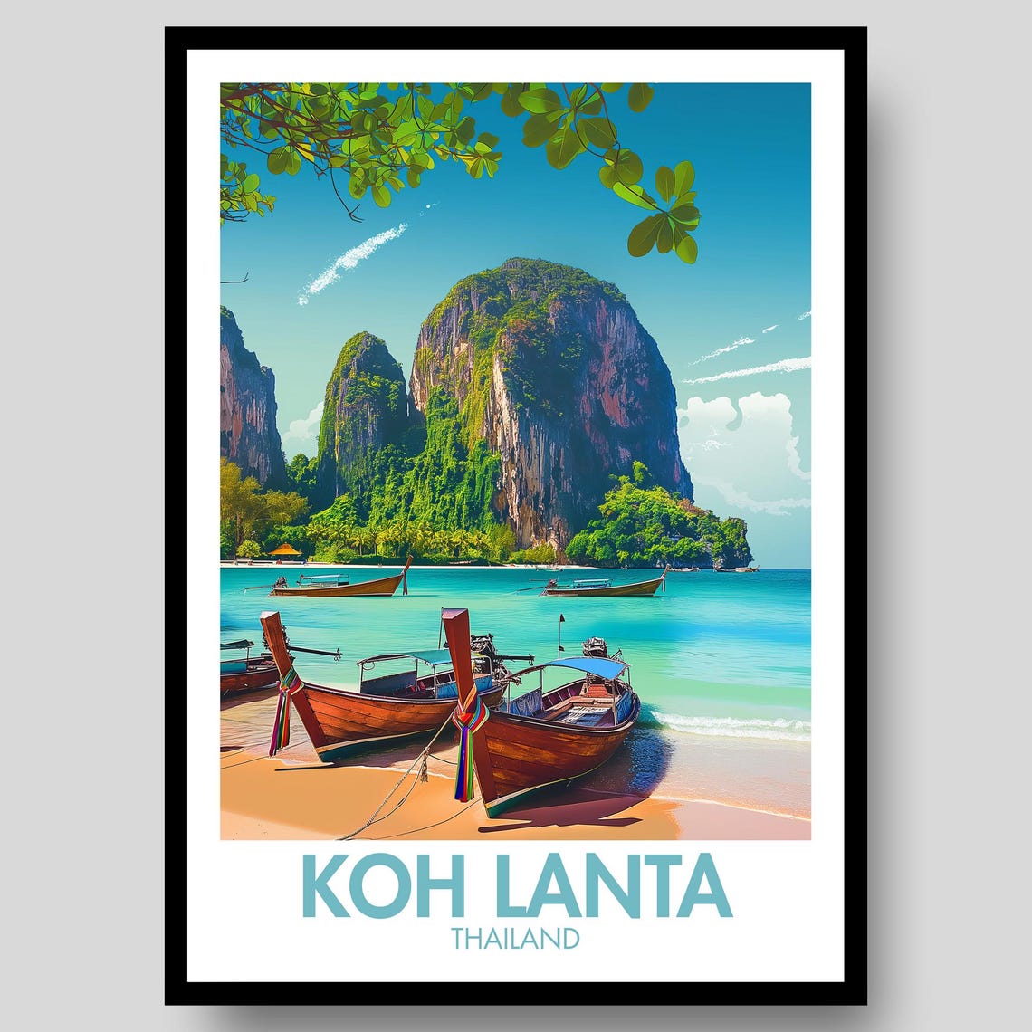 Koh Lanta Thailand Longtail Boats Limestone Cliffs Beach Poster