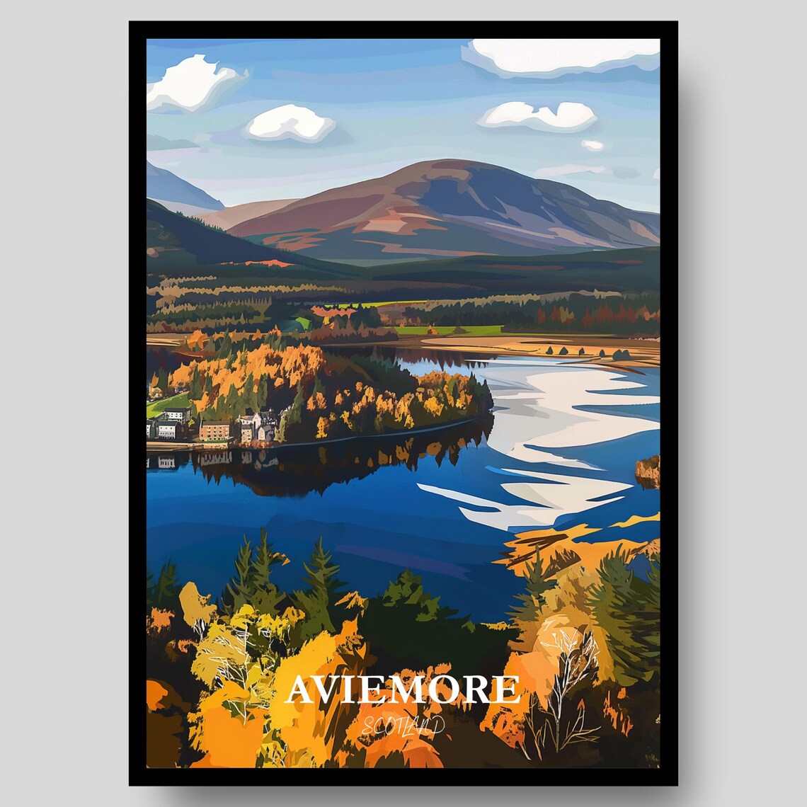 Aviemore Scotland Autumn Loch Golden Trees Mountain Lake Poster