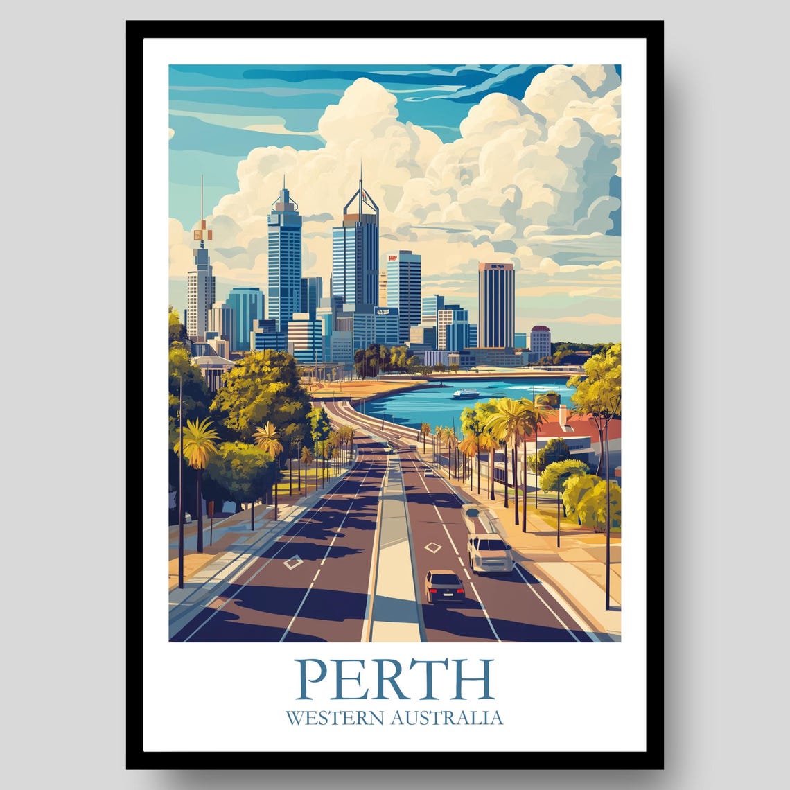 Perth Western Australia Sunny City Skyline Riverside Drive Poster