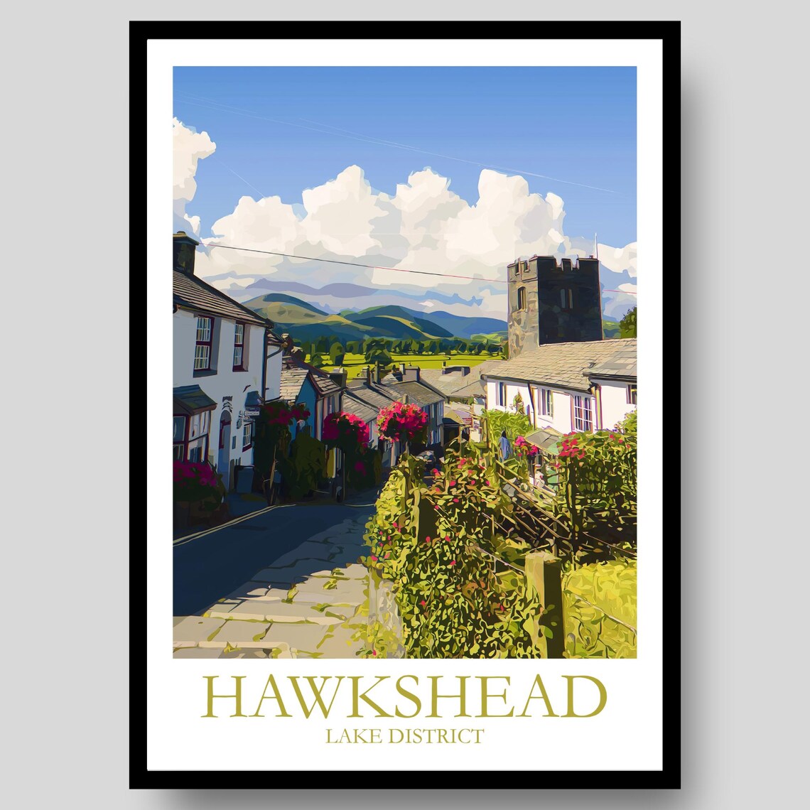 Hawkshead Lake District Village Street Church Fells Travel Poster