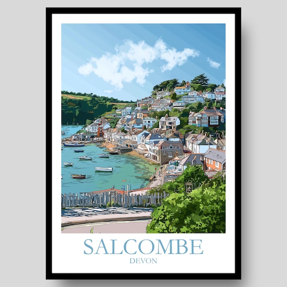 Salcombe Devon Harbor Boats Hillside Cottages Coastal Travel Poster