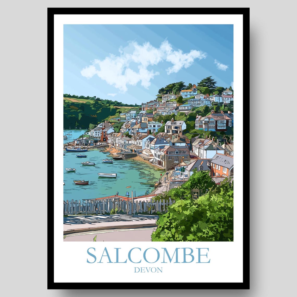 Salcombe Devon Harbor Boats Hillside Cottages Coastal Travel Poster