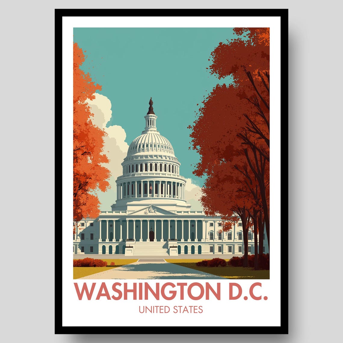 Washington DC United States Capitol Autumn Trees Travel Poster