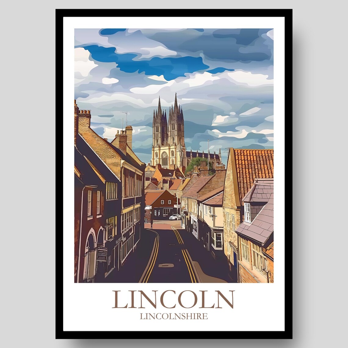 Lincoln Cathedral Lincolnshire Historic Steep Street Travel Poster