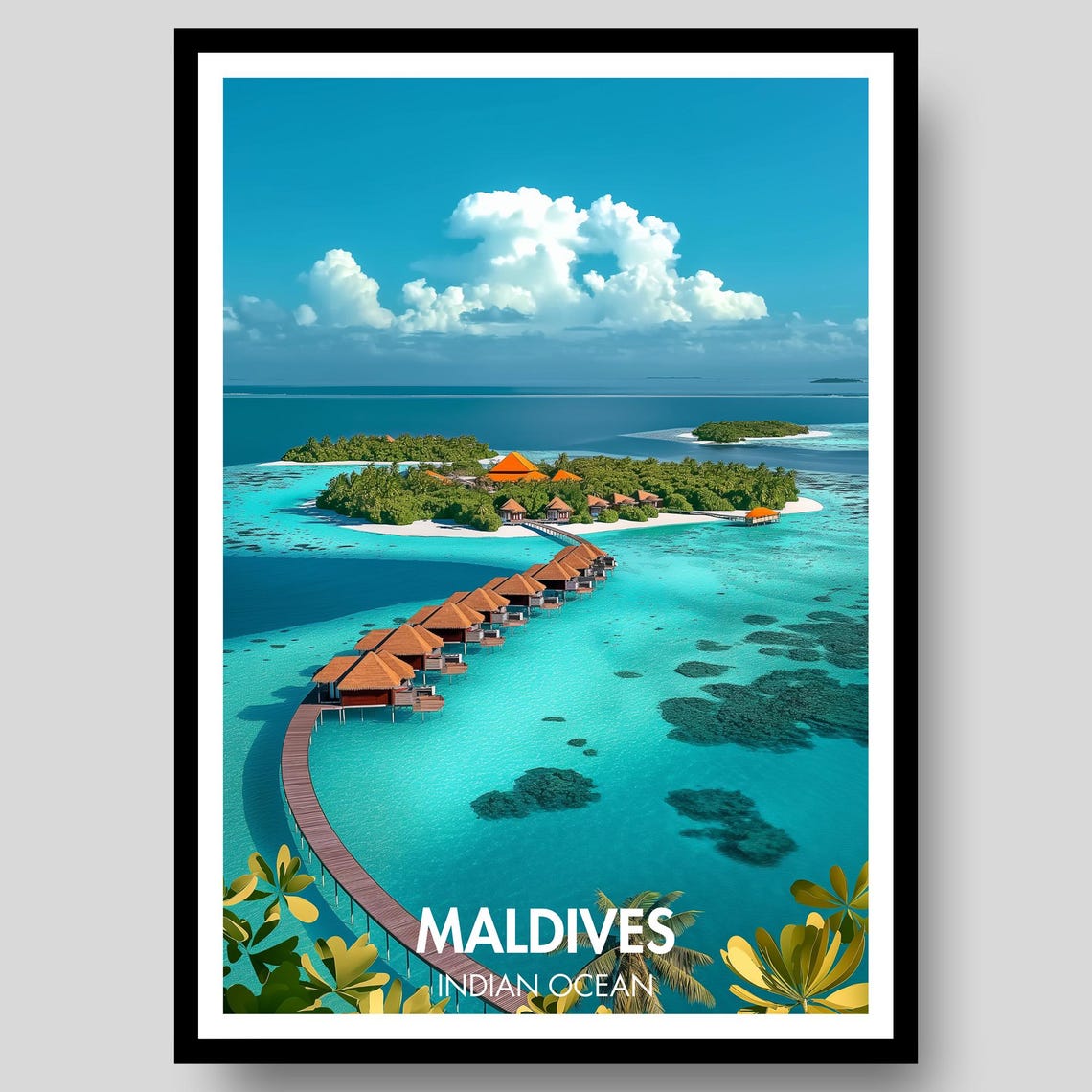 Maldives Indian Ocean Overwater Villa Aerial Beach Travel Poster