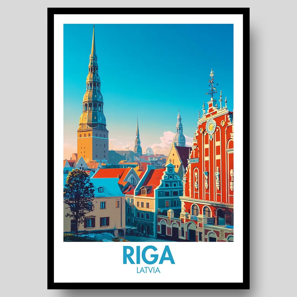 Riga Latvia Old Town Vintage Travel Poster Baltic Church Towers Art