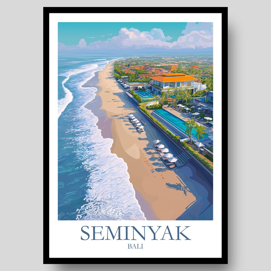 Seminyak Bali Beach Resort Aerial Poolside Umbrellas Travel Poster