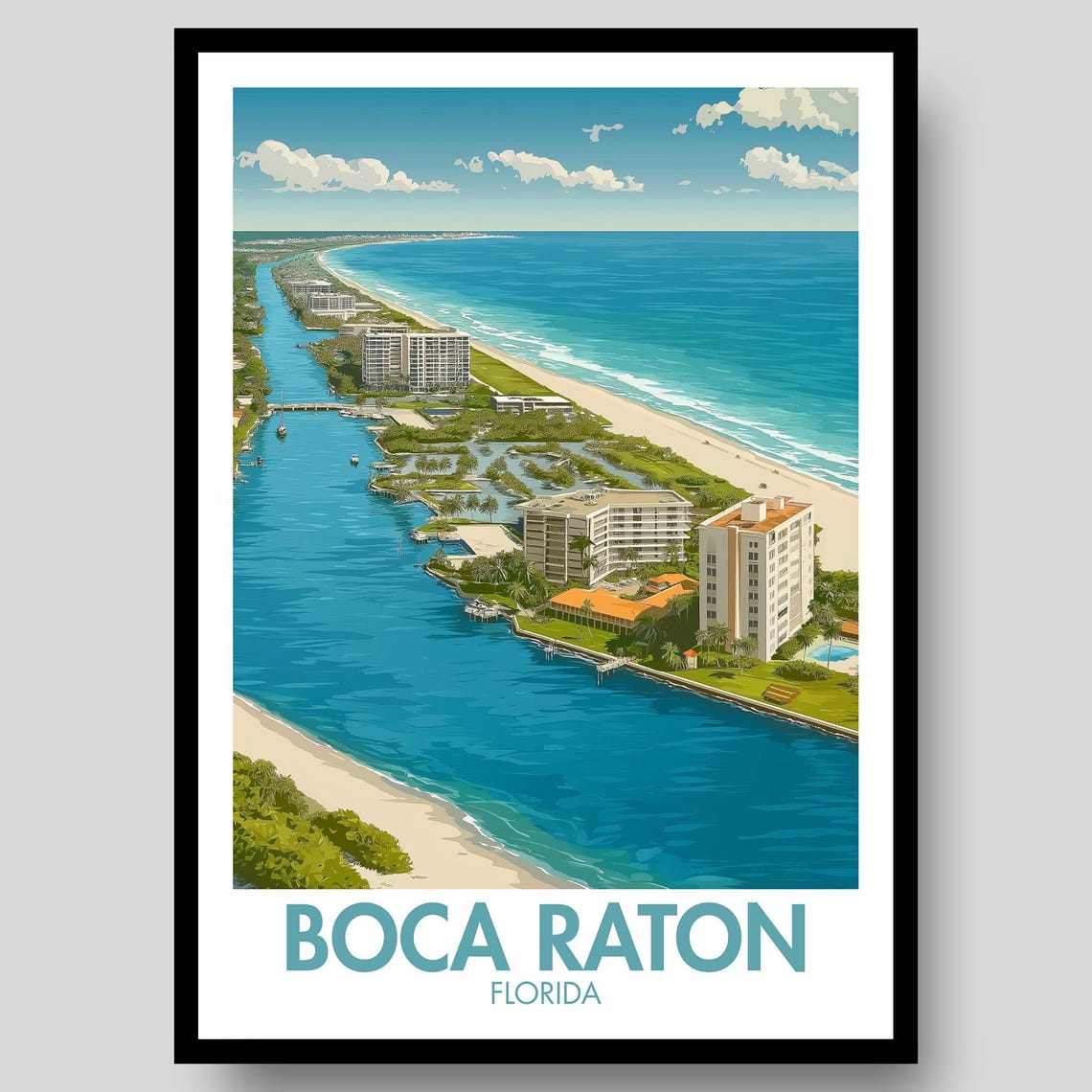 Boca Raton Florida Waterfront Aerial View Beach Resort Travel Poster