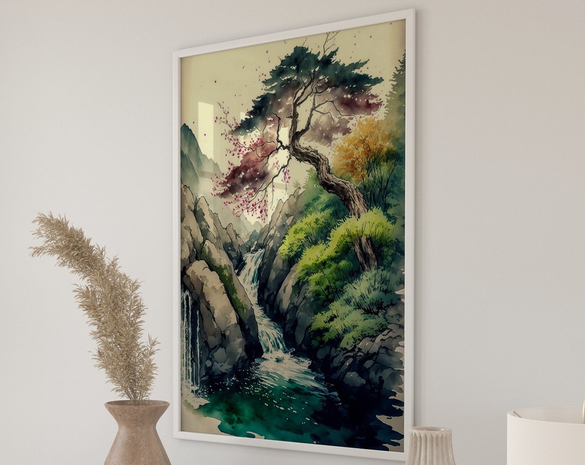 Japanese Waterfall Rocky Gorge Pine Cherry Blossom Art Poster - Image 5