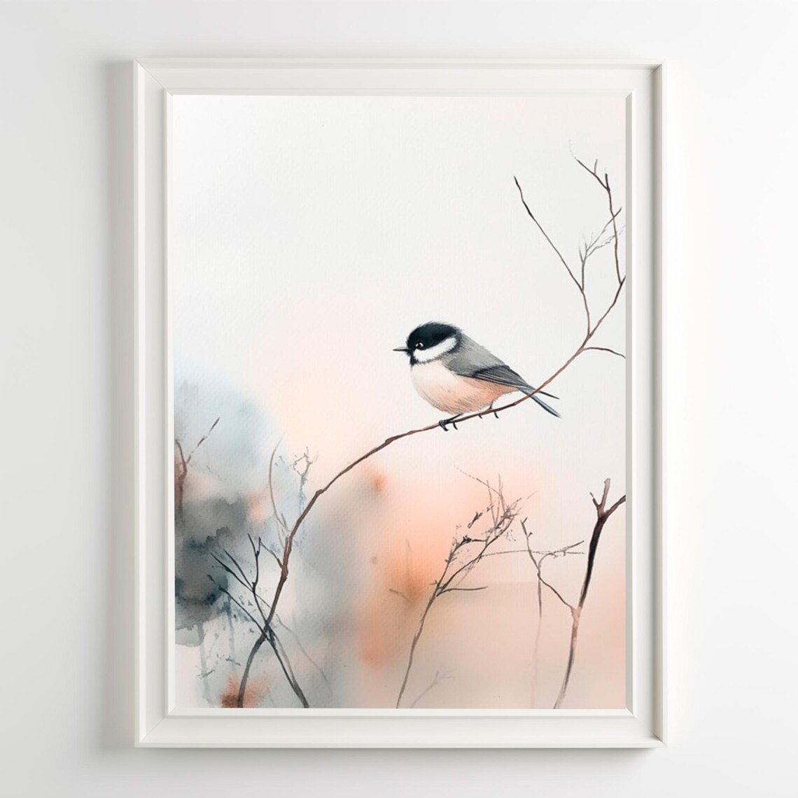 Chickadee Watercolor Art Print, Neutral Farmhouse