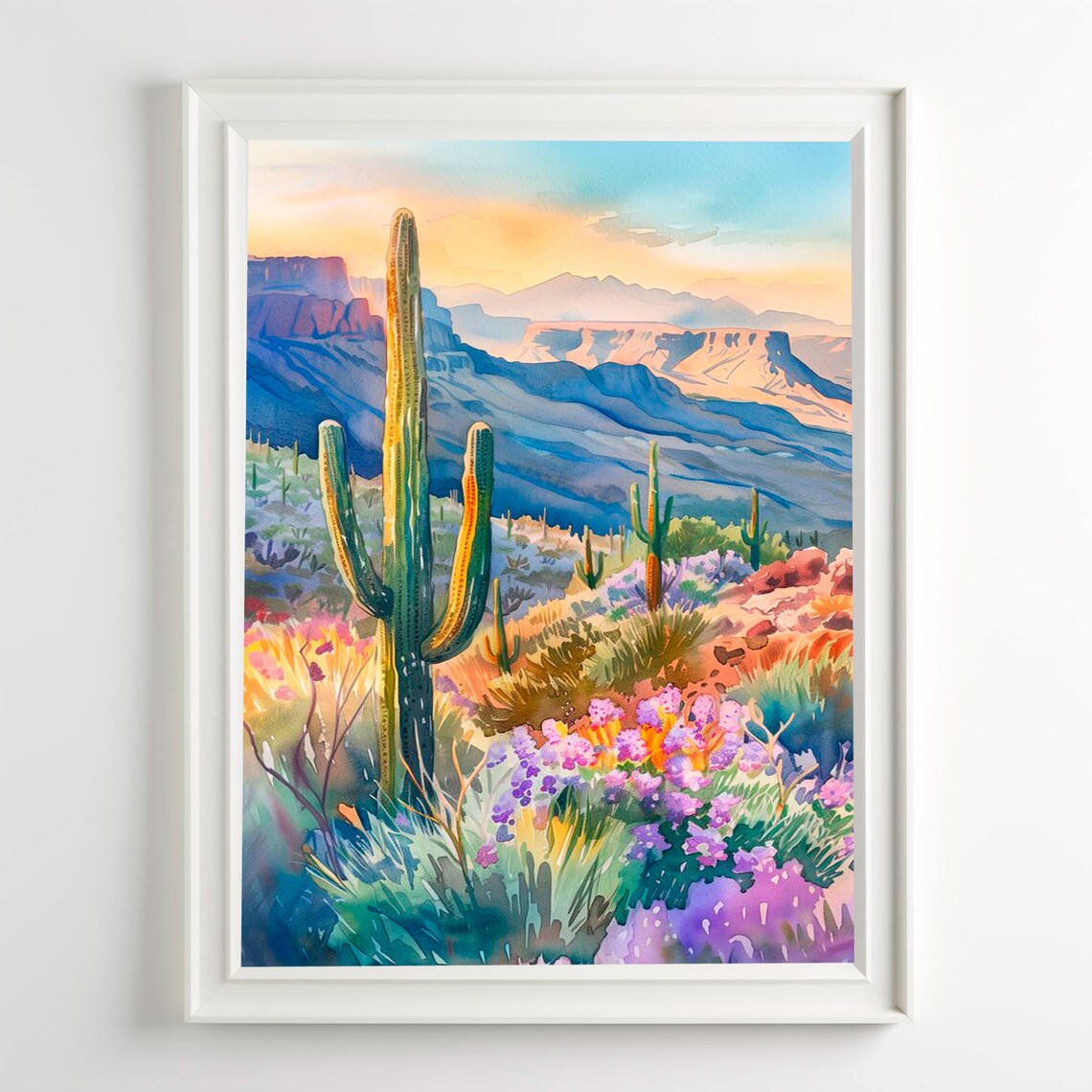 Saguaro National Park Cactus Wildflowers Watercolor Desert Wall Art