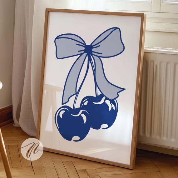 Blue Bow Cherry Print Coquette Room Decor Navy Poster Preppy Beachy Wall Art Coastal Apartment Old Money Dorm