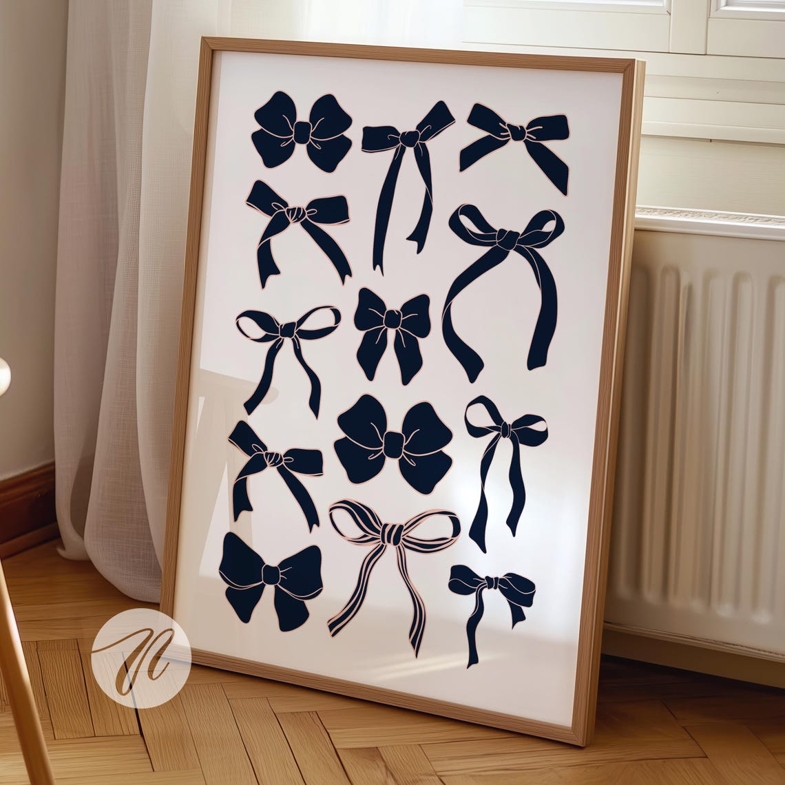 Navy Blue Bow Collage Coquette Girly Dorm Room Aesthetic Wall Art