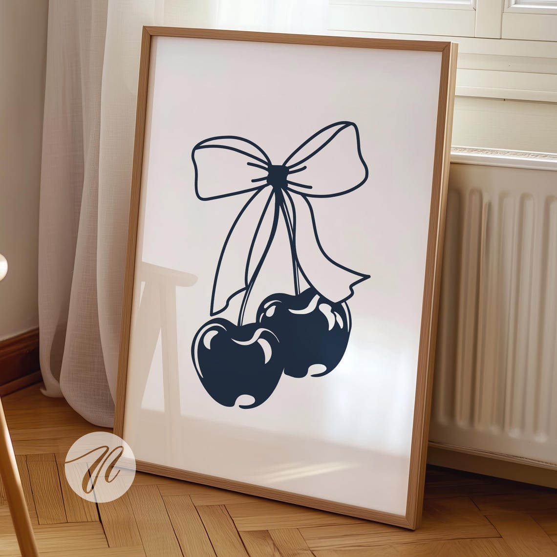 Navy Blue Cherry Bow Minimalist Line Art Preppy Coquette Art Print