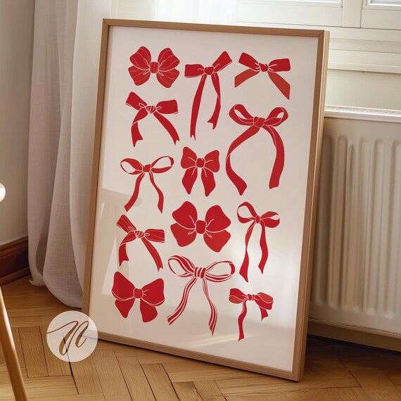 Red Ribbon Bows Collection Cream Coquette Preppy Dorm Room Wall Art