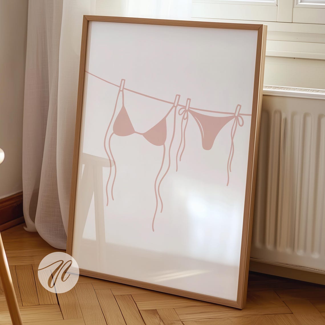 Blush Pink Bikini Line Art Swimsuit Clothesline Coastal Poster