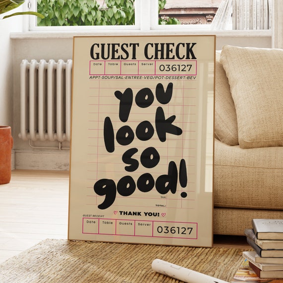 Guest Check Prints Trendy Wall Art Neutral Tan Black Poster Preppy Decor Retro Bathroom Cute Beige