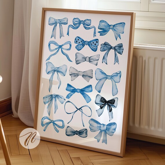Blue Watercolor Bow Chart Poster Coquette Balletcore Preppy Ribbon Decor