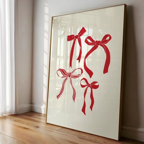 Red Bows On Cream Preppy Coquette Girly Bedroom Decor Wall Art