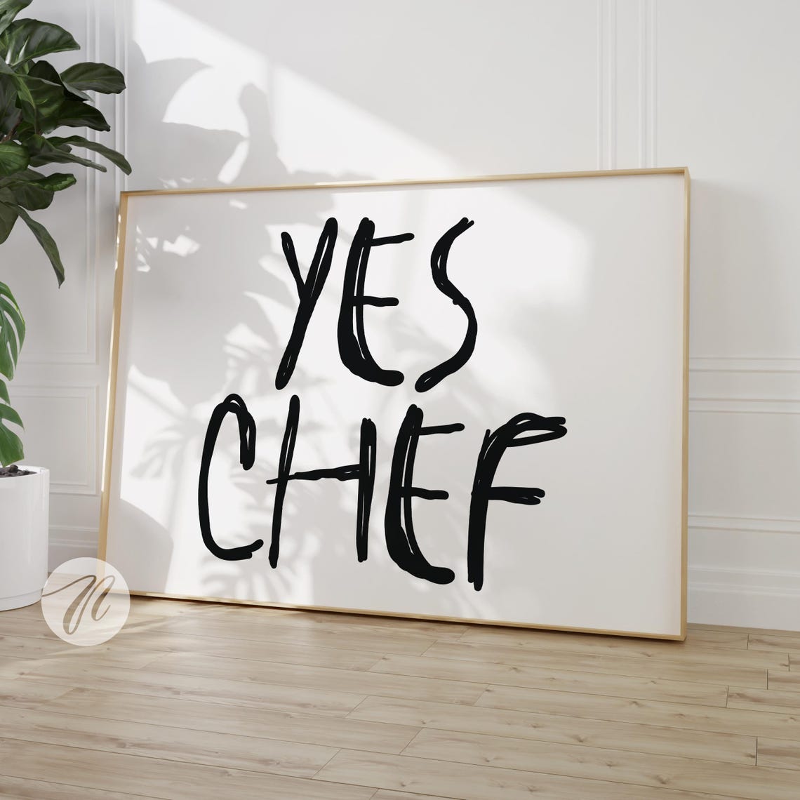 Yes Chef Black Brush Script Minimalist Kitchen Typography Decor Poster