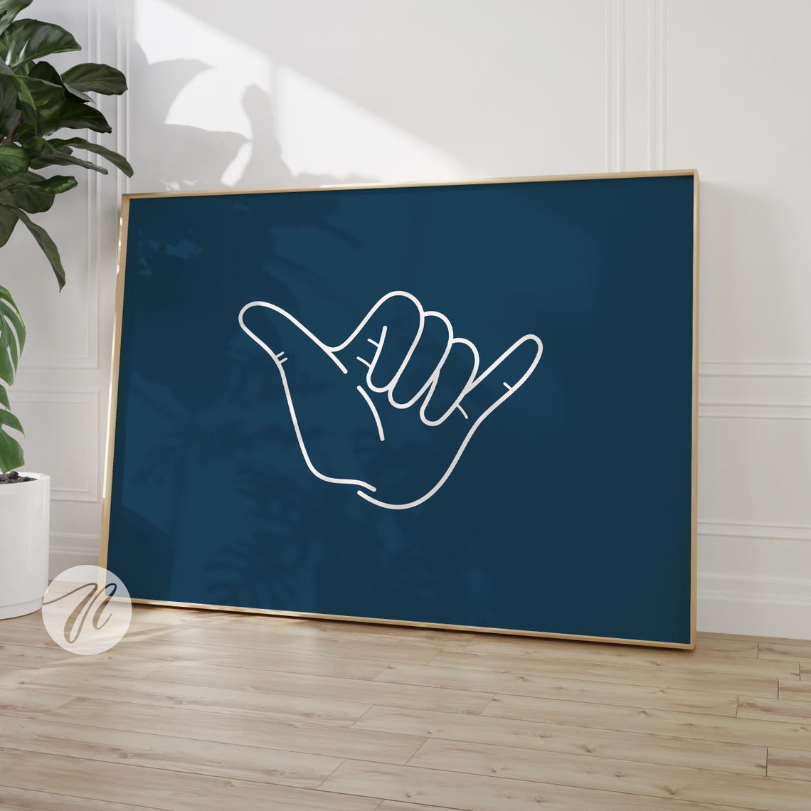 Shaka Hand Sign White Line Art on Deep Navy Coastal Surf Poster