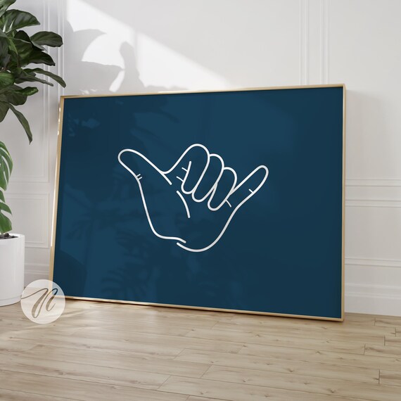 Shaka Hand Sign White Line Art on Deep Navy Coastal Surf Poster