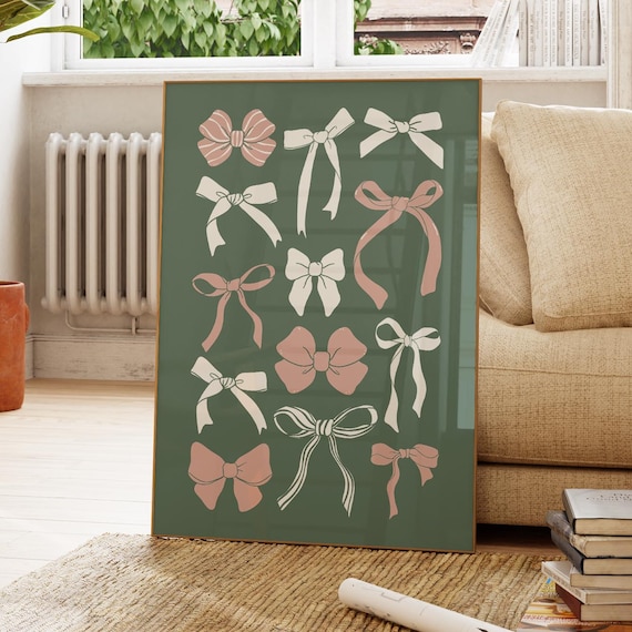 Pink and Cream Coquette Bows on Sage Green Preppy Dorm Room Poster