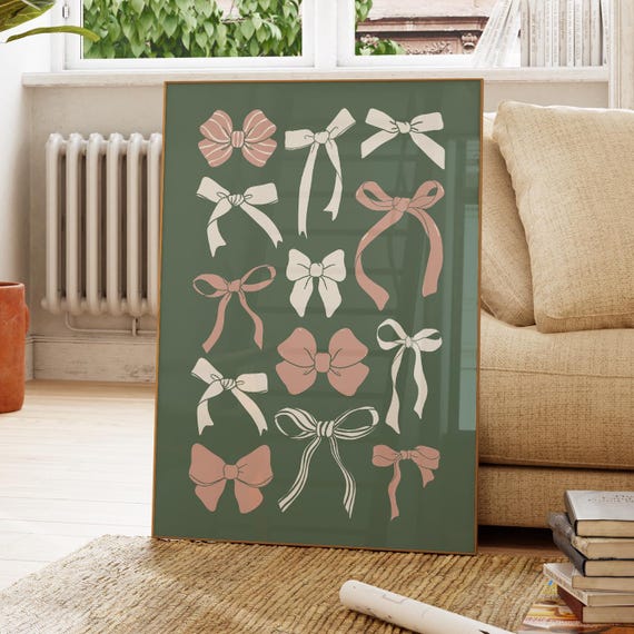 Pink And Sage Green Bows Print Coquette Decor Preppy Wall Art Poster Girly Room Apartment Cute Old Money