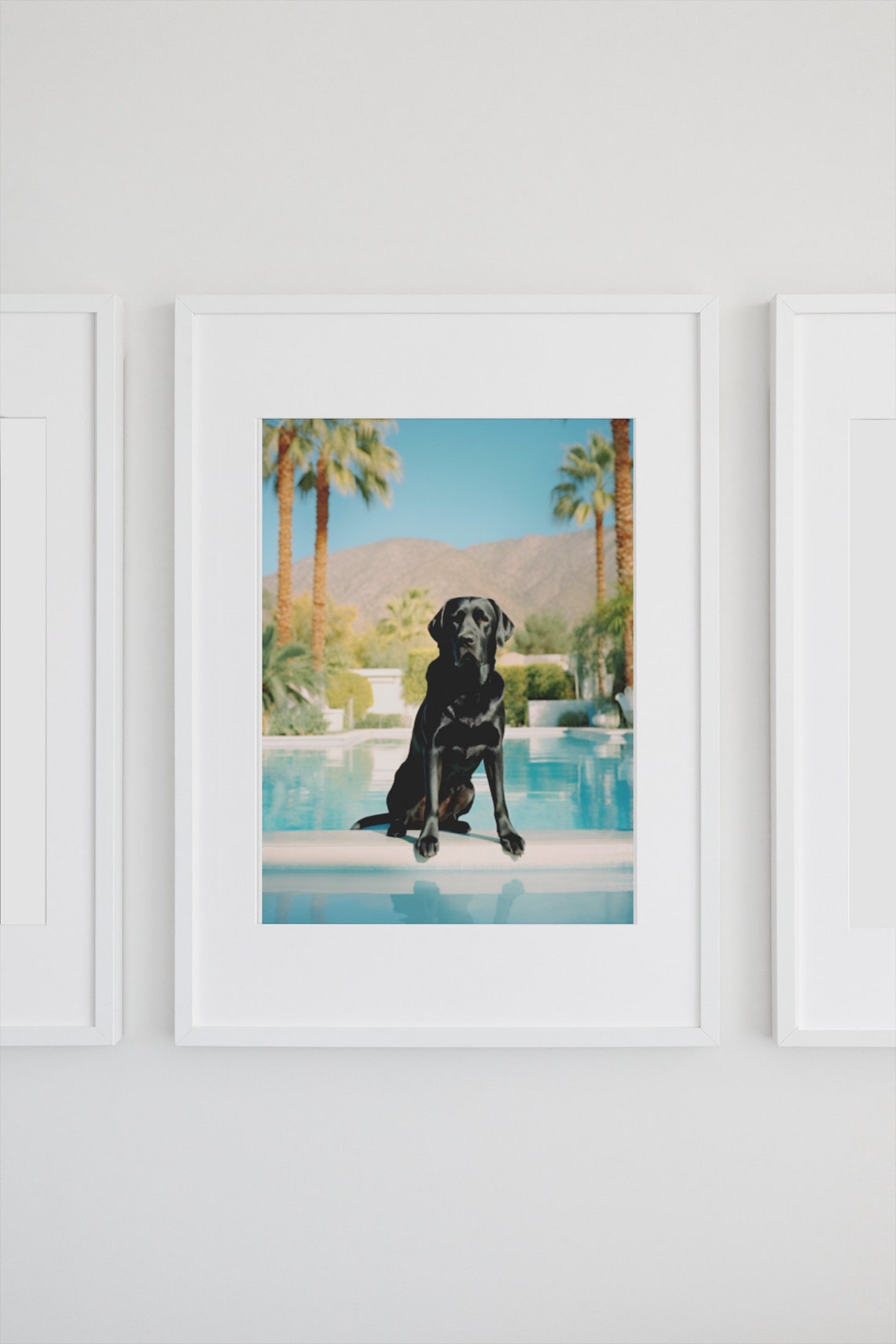 Black Labrador Sitting by a Pool with Palm Trees Glam Poster - Image 2