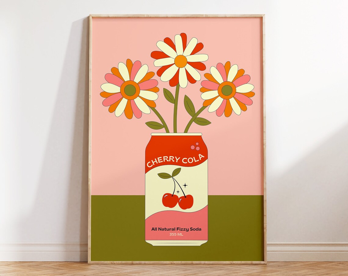 Cherry Cola Soda Can Vase Daisy Flowers Retro Pop Art Poster