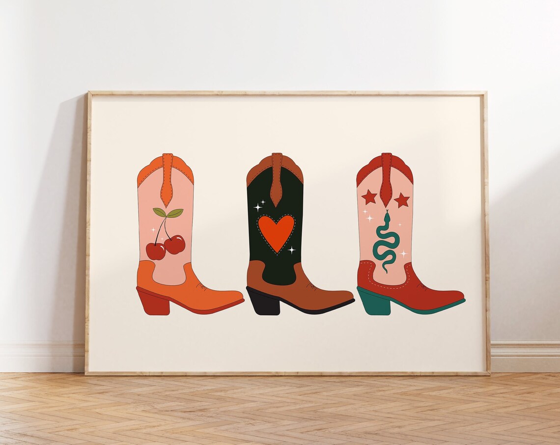 Retro Western Cowgirl Boots Print Cowboy Boots Poster Country And Western Wall Art Retro Western Print Cute Girly Apartment Prints