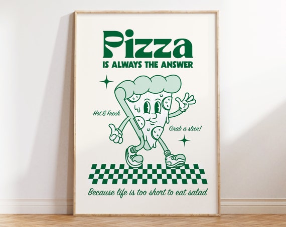 Charming Retro Style Pizza Print Pizza Lover Gift Italian Food Print Kitchen Wall Art Foodie Gift Funny Retro Character Art