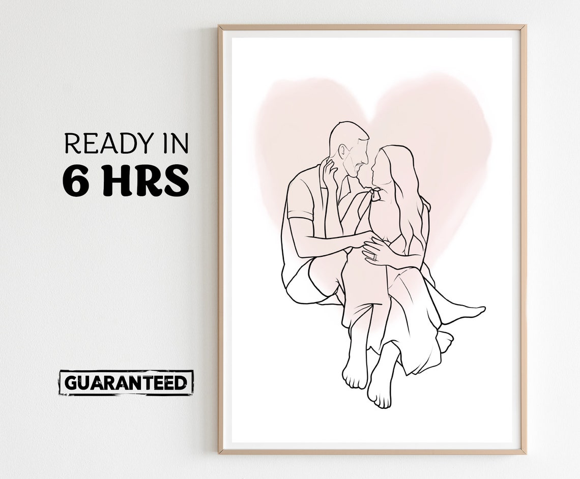 Custom Line Art Couple Portrait Sitting with Pink Heart Poster