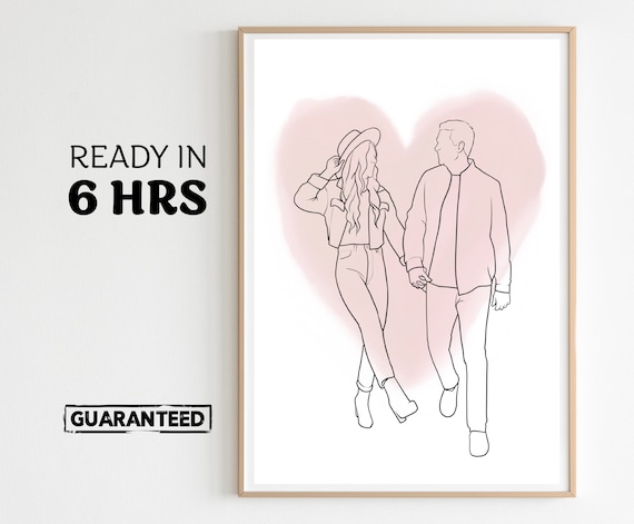 Custom Faceless Line Art Couple Portrait with Pink Heart Wash Poster