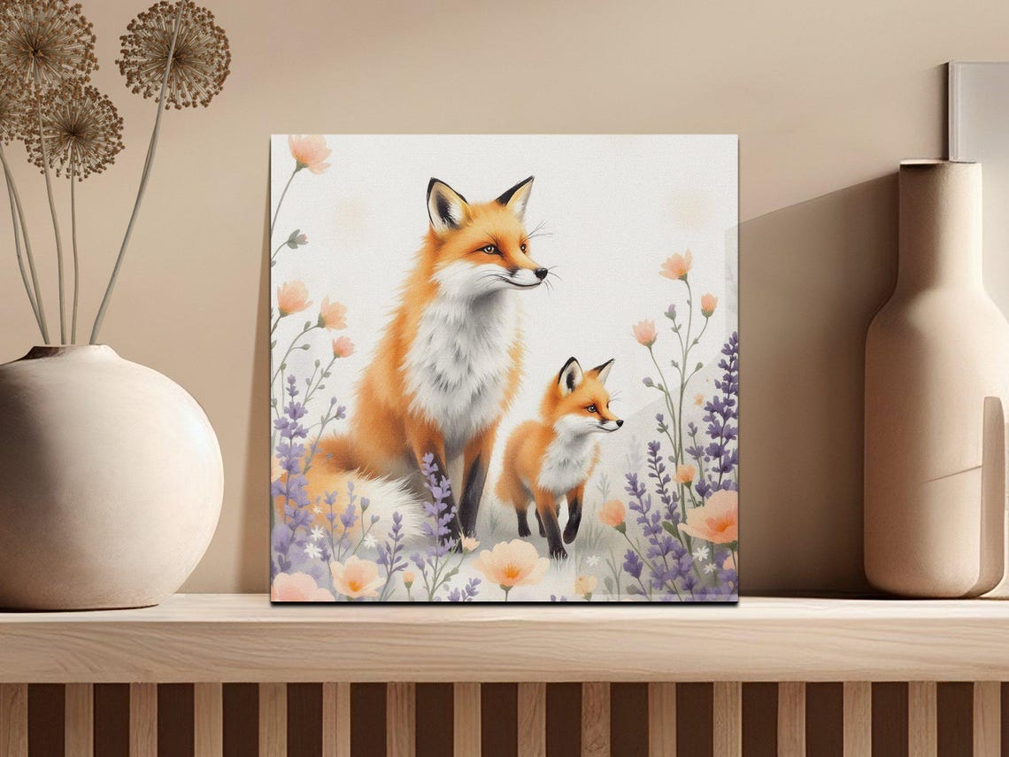 Mother Fox and Baby Fox in Wildflowers Watercolor Animal Art Poster - Image 3