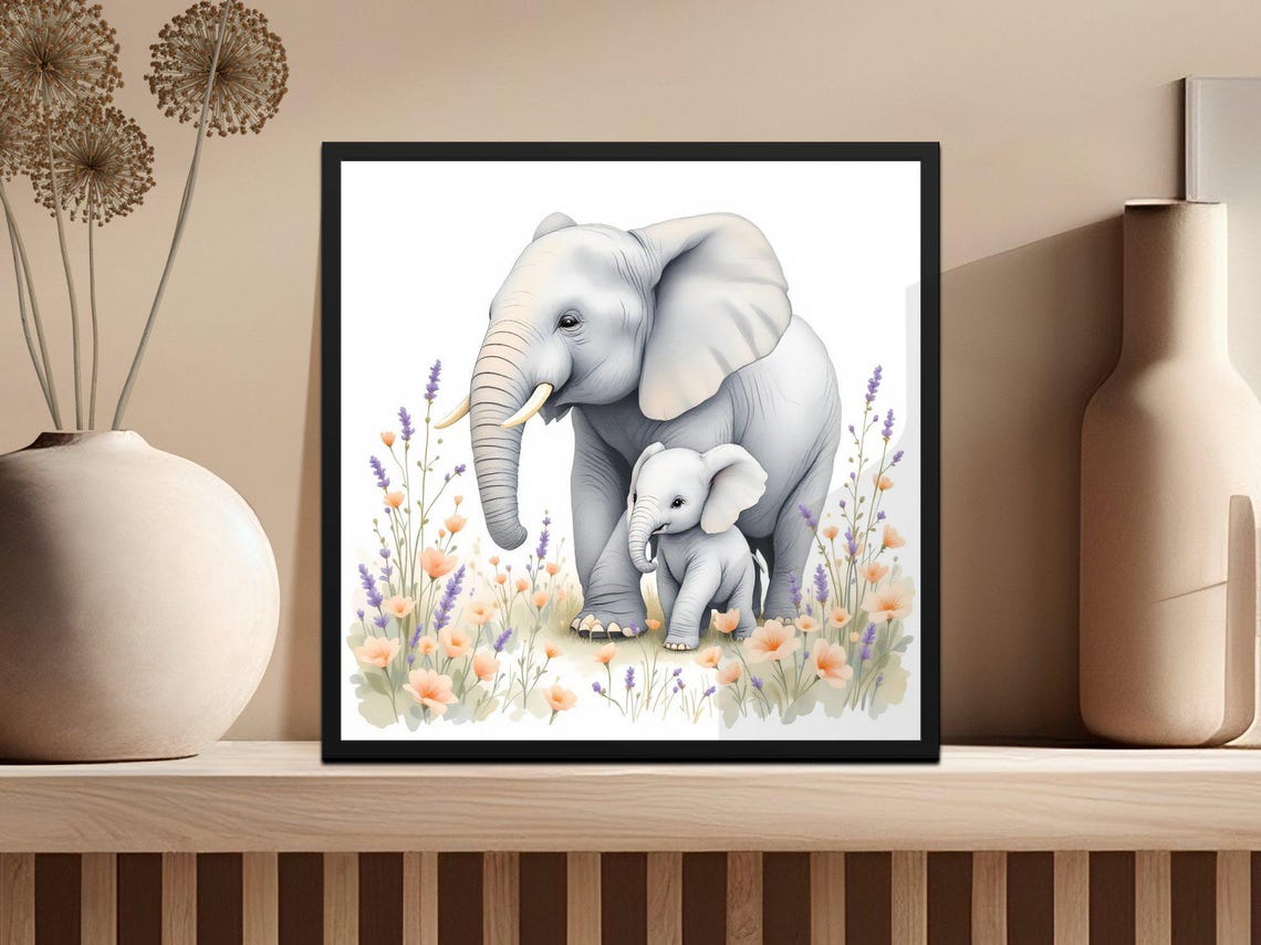 Mother Elephant and Calf in Wildflowers Watercolor Nursery Poster - Image 3