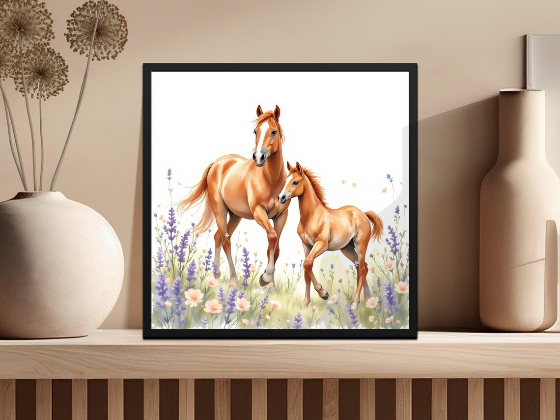 Horse and Foal in a Lavender Wildflower Meadow Watercolor Poster - Image 3