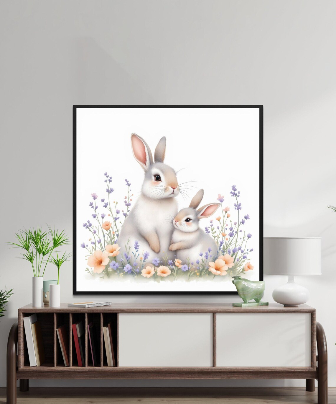 Mother Bunny and Baby Bunny in Wildflowers Watercolor Poster - Image 2