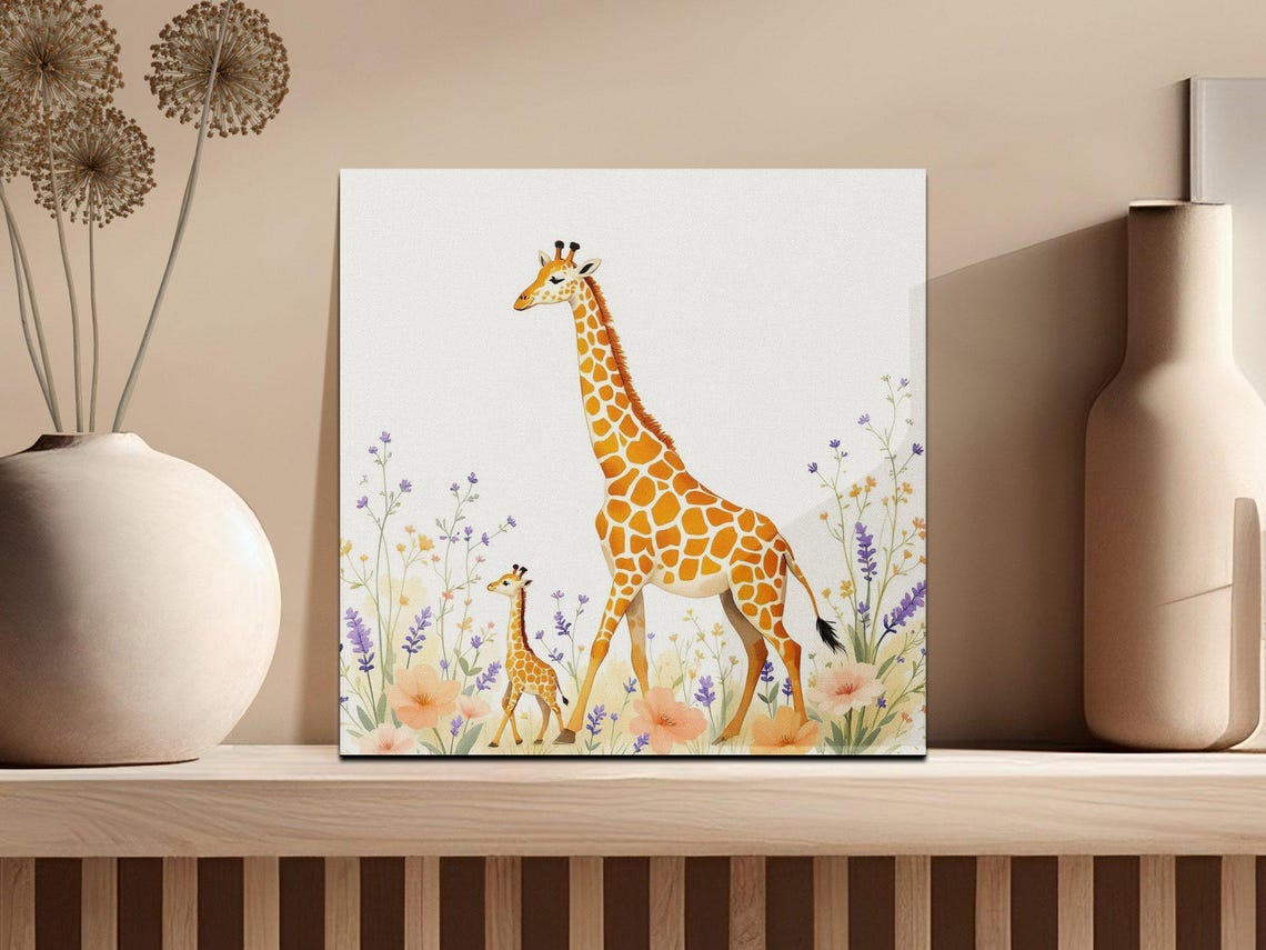 Giraffe and Baby Giraffe in Wildflowers Watercolor Nursery Poster - Image 2