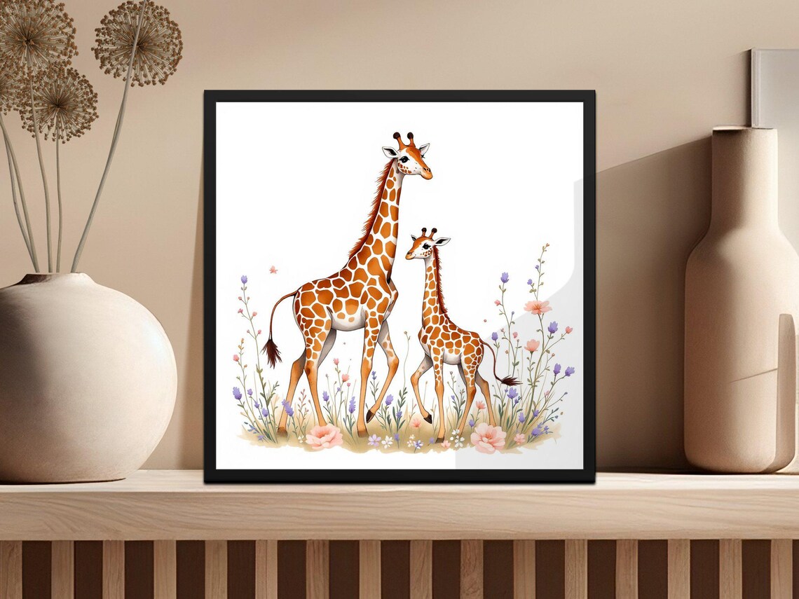 Mother Giraffe and Baby Giraffe in Wildflowers Watercolor Poster - Image 3