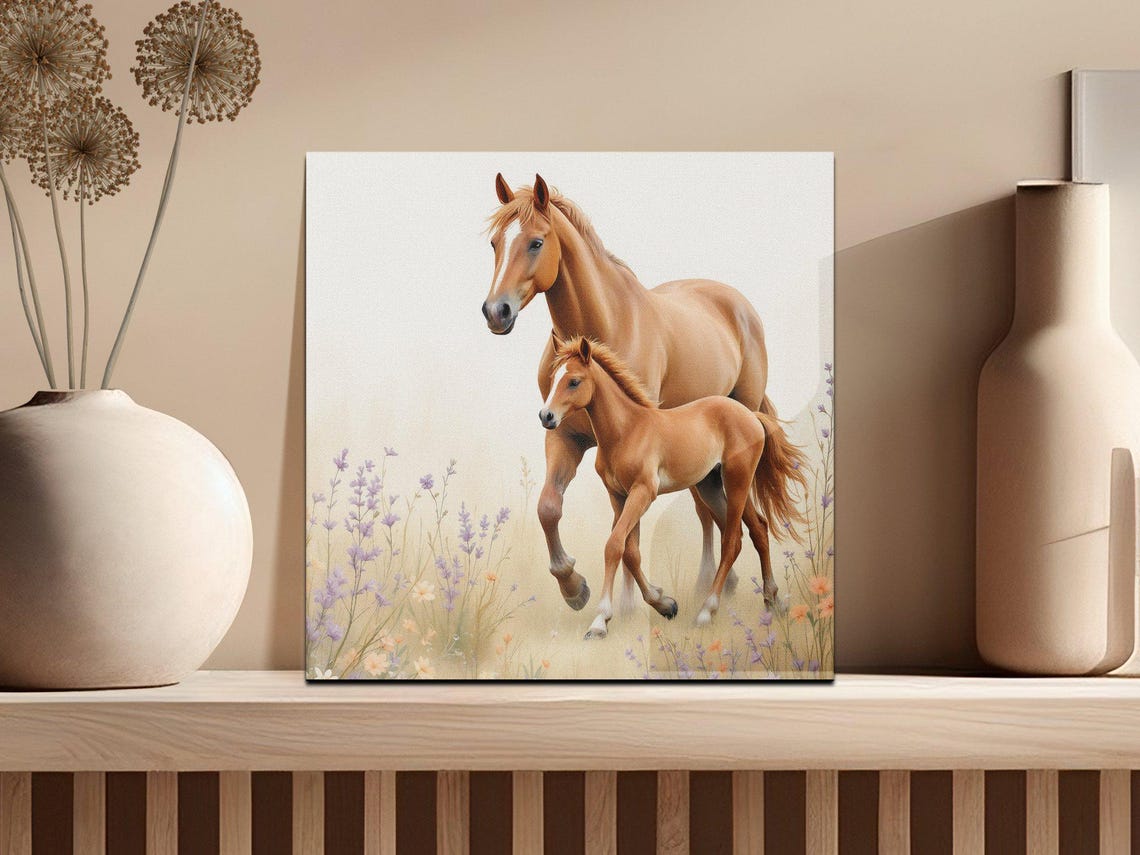 Horse and Foal Strolling Through Lavender Watercolor Farmhouse Poster - Image 2
