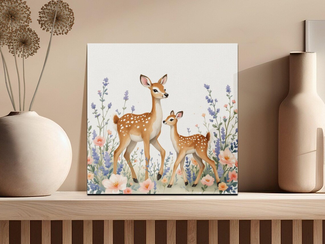 Deer and Fawn Walking Through Wildflowers Watercolor Nursery Poster - Image 2
