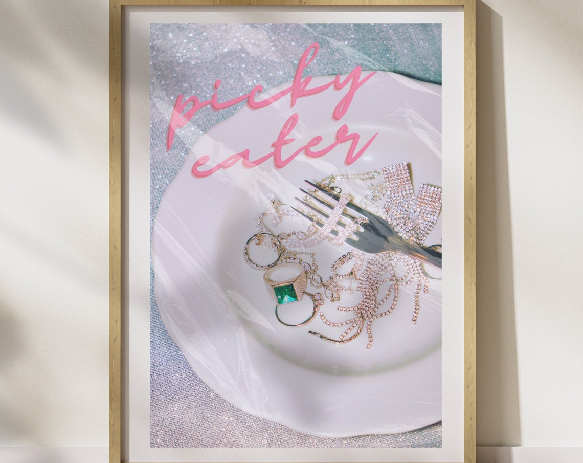 Funny Picky Eater Jewelry Plate Pink Script Girly Kitchen Poster