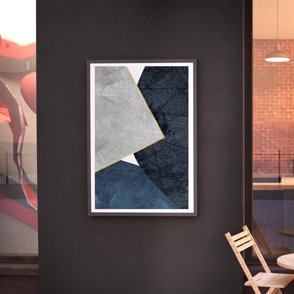 Navy Blue Gray Gold Abstract Geometric Modern Minimalist Art Print - Image 2