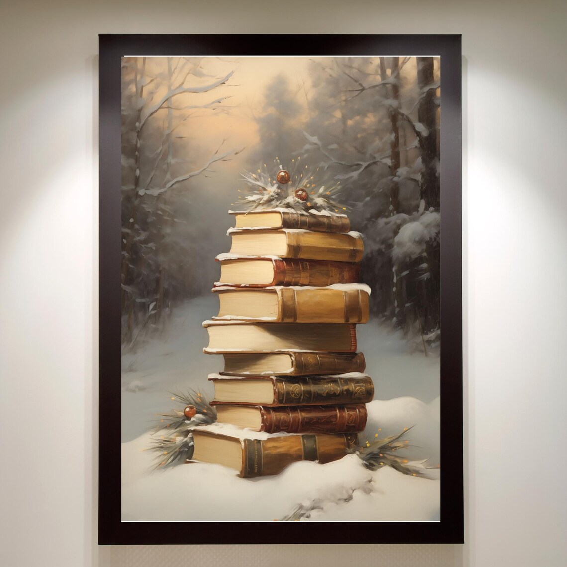 Vintage Stack of Snowy Books Christmas Forest Book Lover Reading Wall Art Poster - Image 2