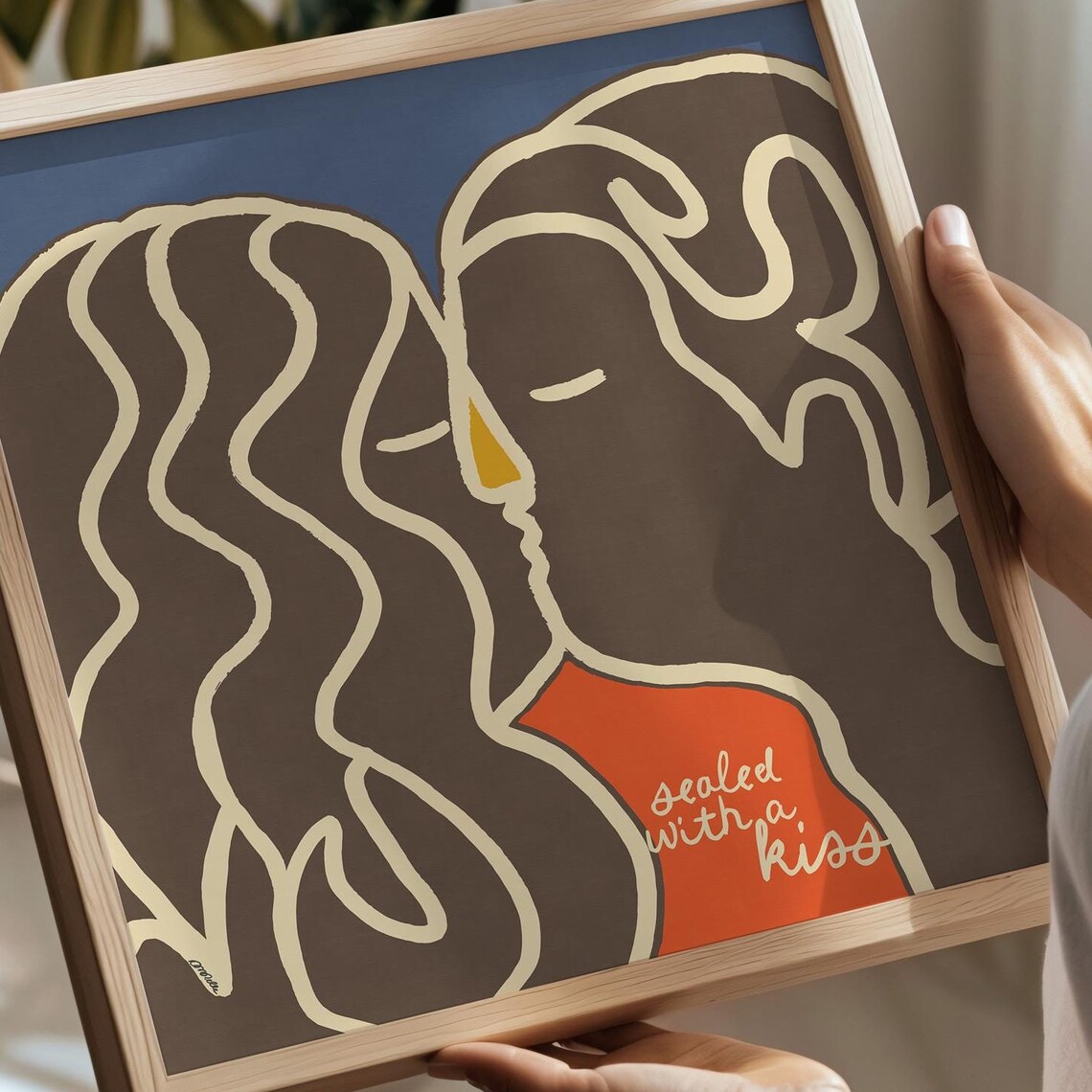 Sealed With A Kiss Abstract Couple Kiss Retro Line Art Poster