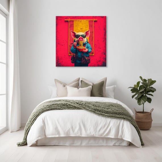 Maximalist Eclectic Ramen Hipster Pig Print Bold Altered Animal Portrait Fantasy Fun Colorful Renaissance Rustic Art