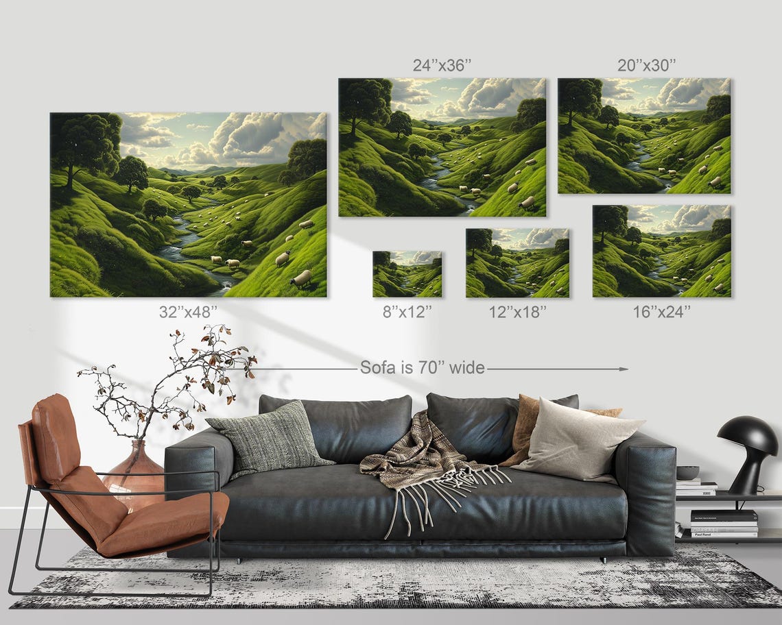 Sheep Grazing Green Valley Stream Peaceful Pasture Landscape Poster - Image 3
