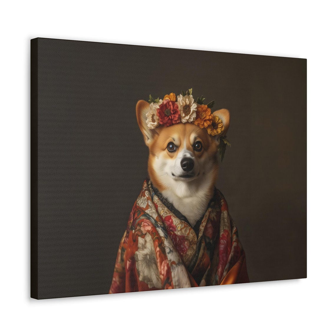 Smiling Corgi Flower Crown Kimono Maximalist Dog Portrait Poster - Image 2